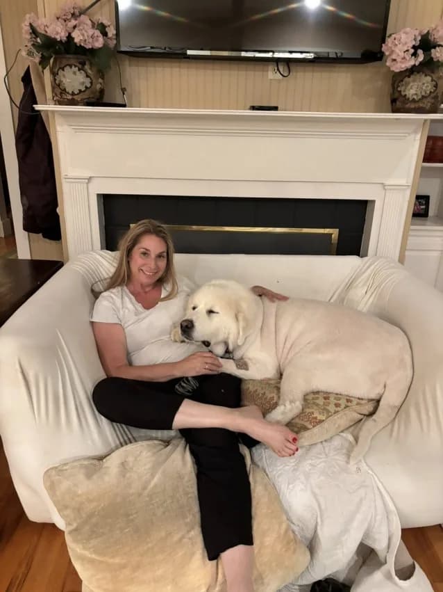 Laura sitting on a wide armchair at home with Henry, her large white dog, curled up asleep against her