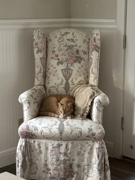 Titus, an orange tabby cat, curled up asleep on a floral upholstered wingback chair